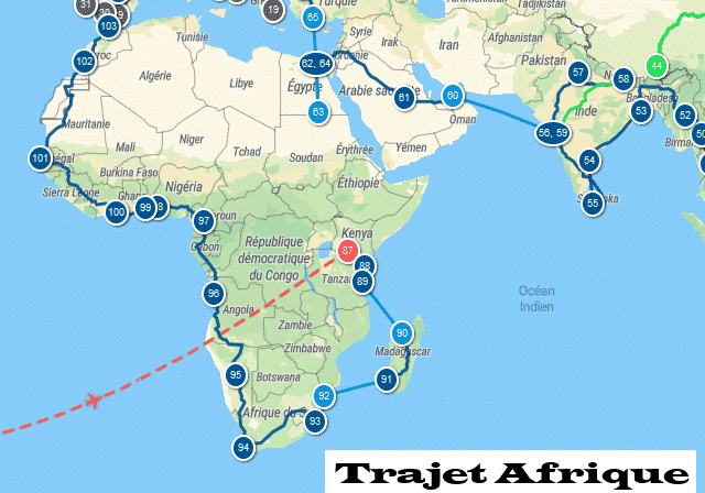 trajet d'un voyage de globe trotter autour du monde trajet  Afrique